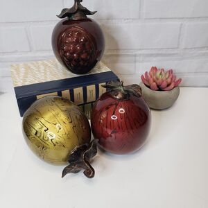 3 Piece Deep Rich Burgundy Artistic Glass Fruit 5" Apple Pomegranate